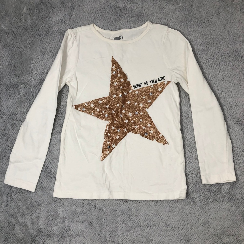 Crazy 8 Star Graphic Tee Girls M 7-8 Off White Gold Glitter Rhinestone Shirt